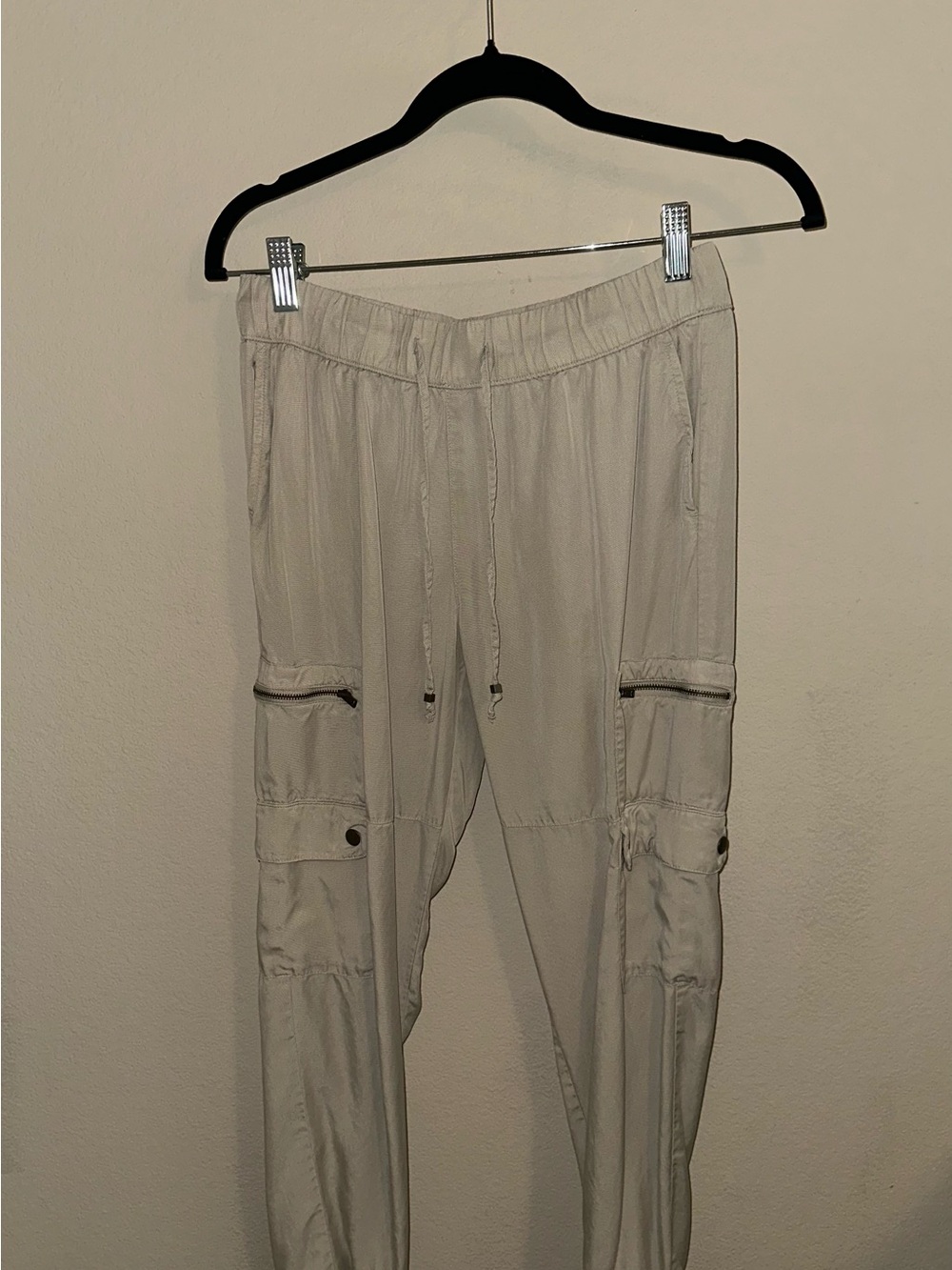 Women Cream Cargo Jogger Pants with Drawstring Waist